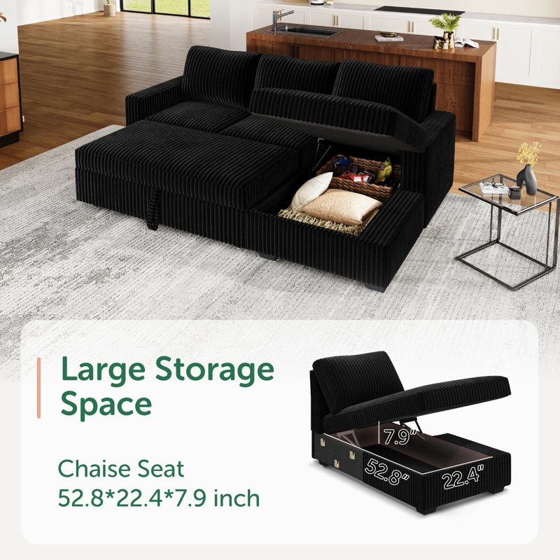 Rundey L Shaped Corduroy Sleeper Upholstered Sectional Sofa Couch, Black Corduroy 