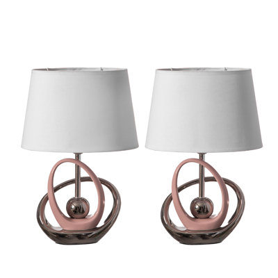 Ensemble de 2 lampes de table, lampe de table en céramique décorative de 16 po, avec support circulaire argenté et rose réfléchissant et abat-jour en coton blanc, lampe unique pour le salon ou la chambre à coucher