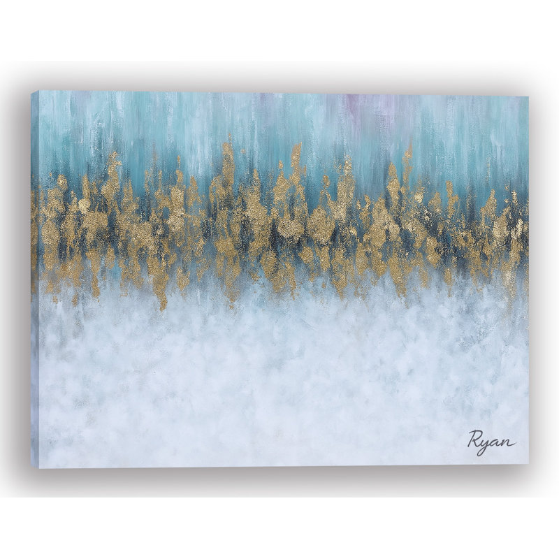 Golden Reflections - art abstrait moderne sur toile bleue et dorée, H 24 po x l 36 po