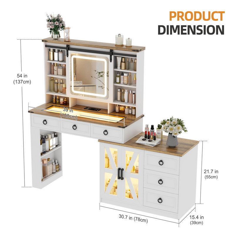 Aizley Lighted Mirror Makeup Vanity with Power Outlet, Oak/White