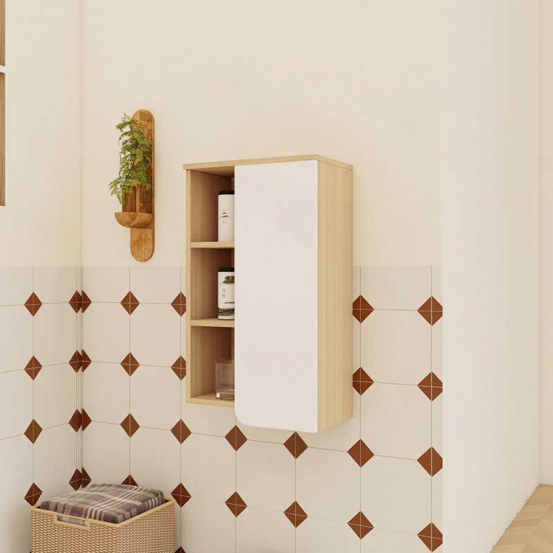 Armoire murale de salle de bain 16 po, chêne clair, porte simple avec tablettes ouvertes à 3 niveaux, armoire KD, panneaux de porte bicolores, fabrication en contreplaqué