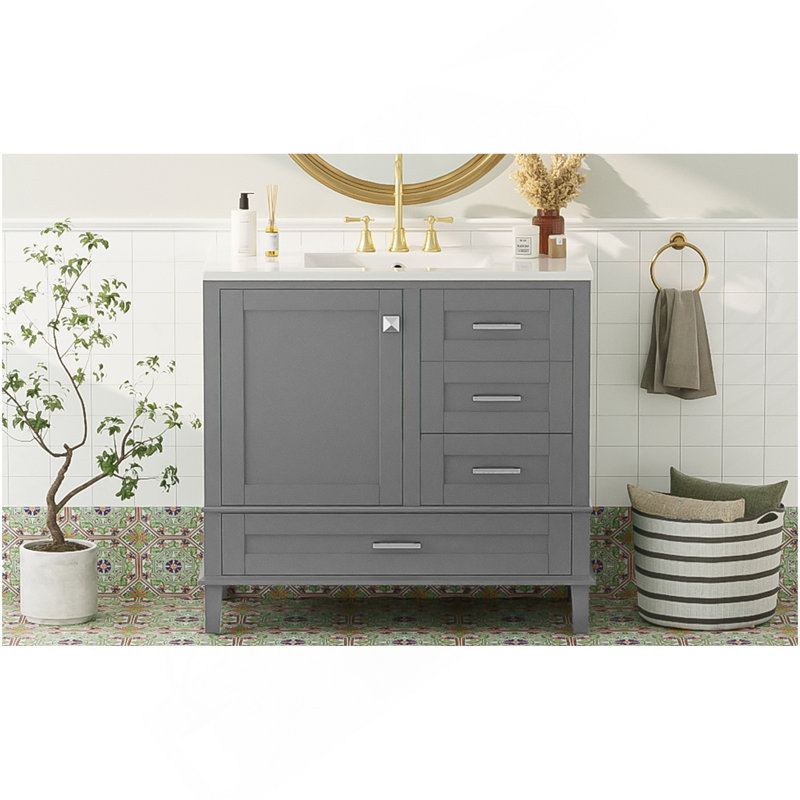 Meuble-lavabo moderne 36 po avec cadre en pin, 1 porte à fermeture douce et 3 tiroirs, armoire de rangement moderne, Gris