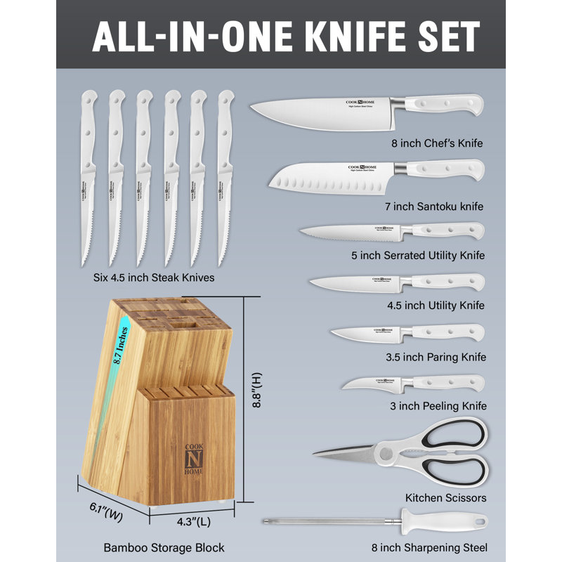 Cook N Home Basics Bamboo Kitchen Cutlery Block Set with Knifes, High Carbon Stainless Steel Blade, 15-Piece, White, White