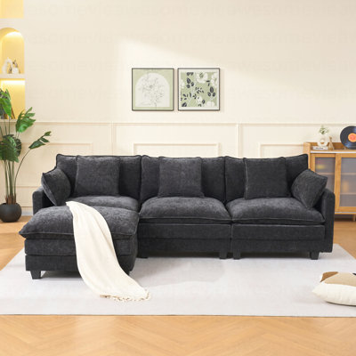 Canapé 3 places de couleur noire avec repose-pieds pour le salon, chambre à coucher, chambre compacte, canapé modulaire rembourré, banc en L avec repose-pieds