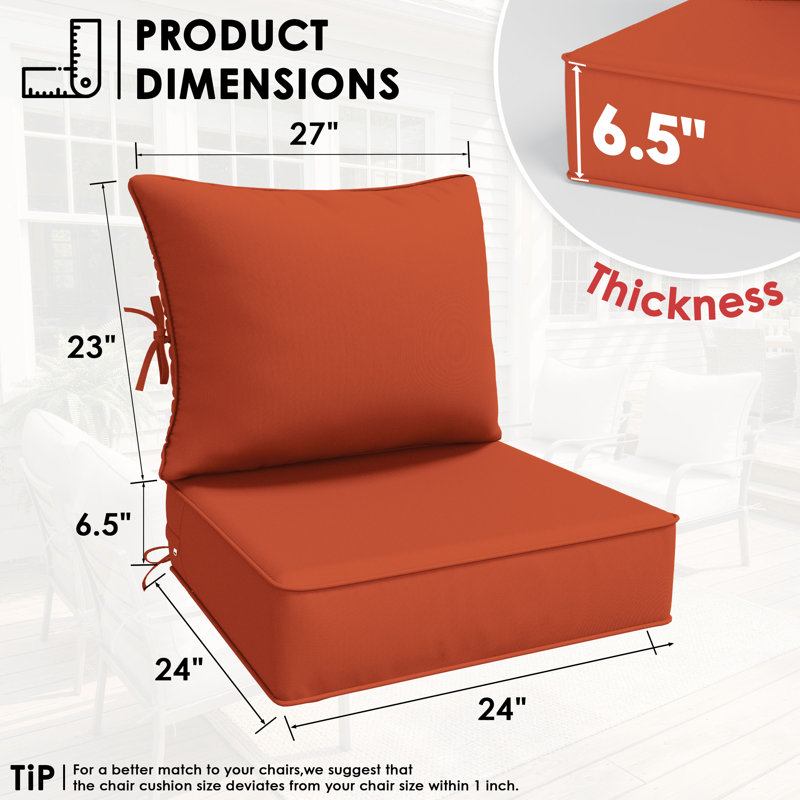 Ensemble de 6,5 po de coussins de remplacement pour l'extérieur, siège / dossier à assise profonde, l 24 po x P 24 po, ensemble de 2