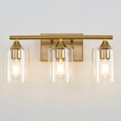 3-Light Brushed Gold Bathroom Vanity Light Fixture, Anti-Rust Metal Wall Mount Lamp with Clear Glass Shade, Modern Farmhouse Wall Sconce for Restroom & Dressing Room(No light bulb)