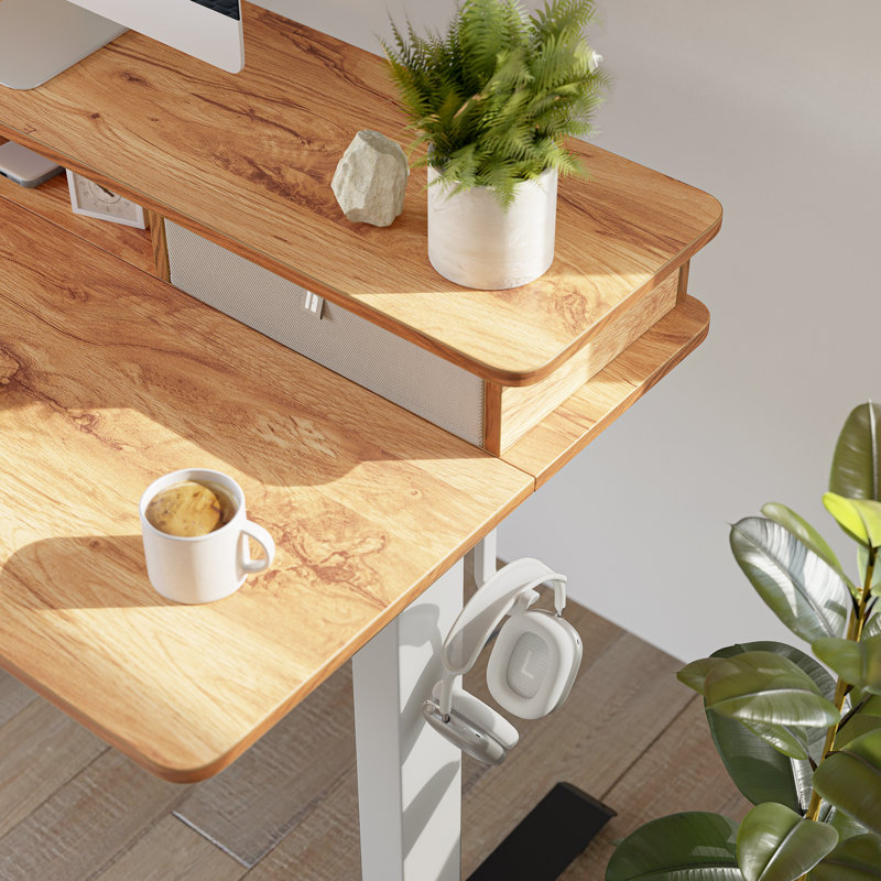 Euri Height Adjustable Standing Desk with Drawers, 50" H x 48" W x 24" D, Light Rustic/White