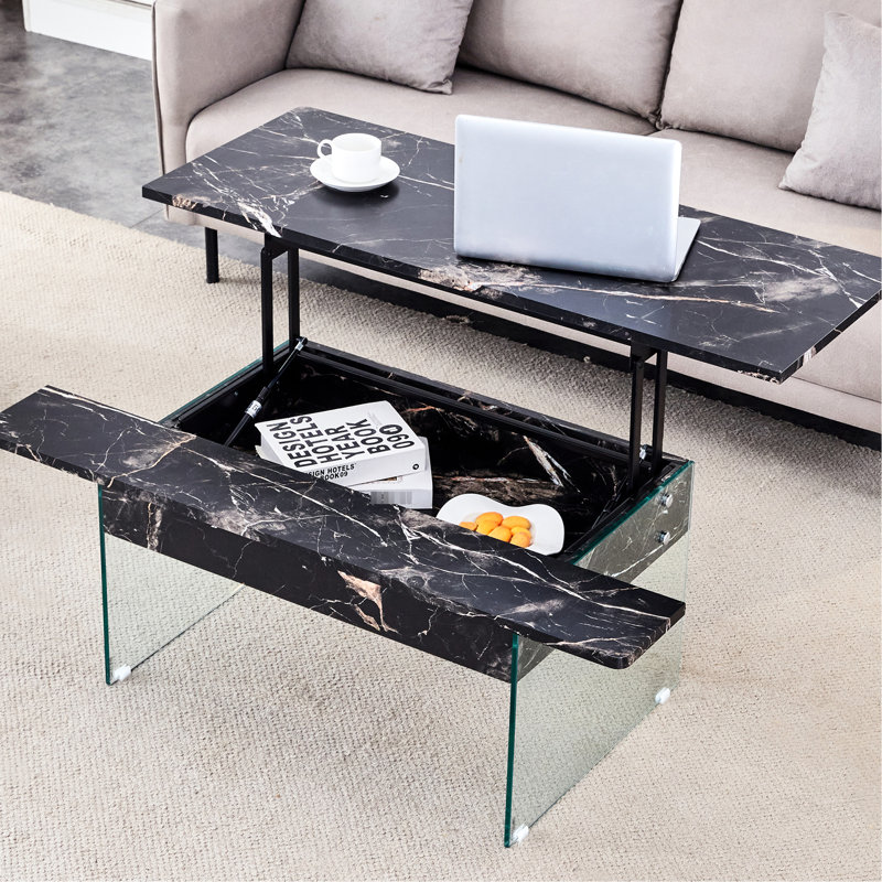 Bureau à plateau relevable multifonctionnel en marbre noir - pieds en verre transparent, matériau, table basse ergonomique avec compartiment spacieux de style, hauteur, fabrication stable