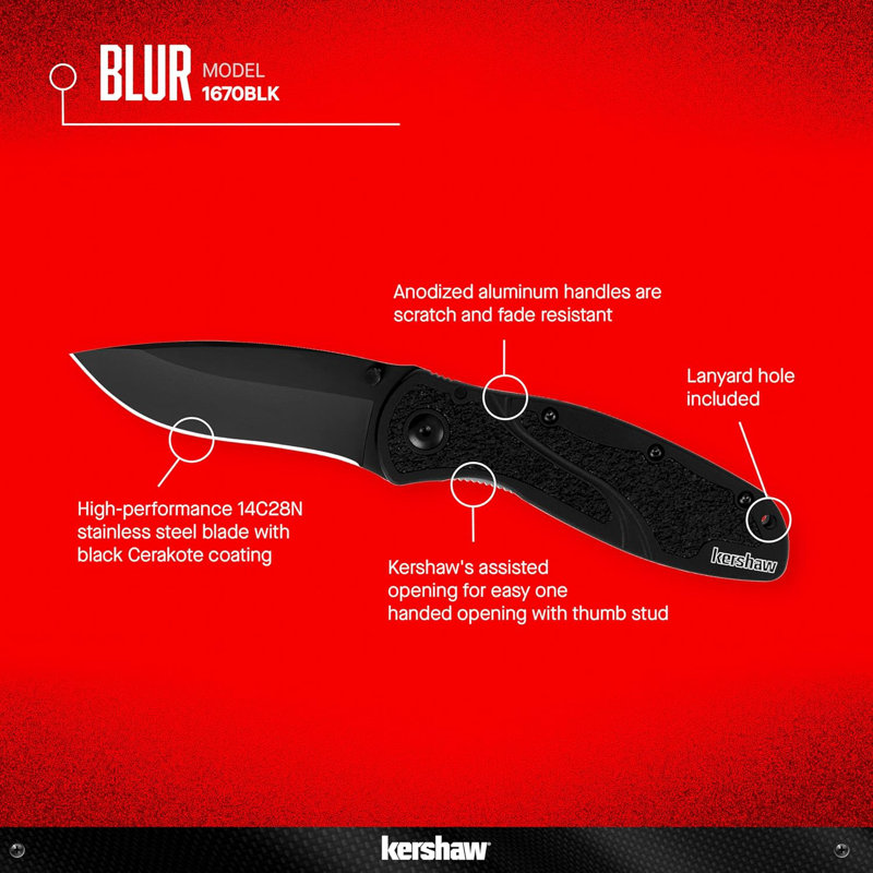 Kershaw Blur, couteau pliant dentelé, Noir, noir, noir, noir