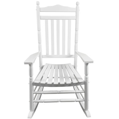 Adult Rocking Chair For Balcony Porch - White Solid Wood, Cozy Wide Seat And Armrest, Robust Slatted Back Rest, Simple Assembly, Holds Up To 280Lbs In Hardwood Build, Comfortable Stable Easy Weight