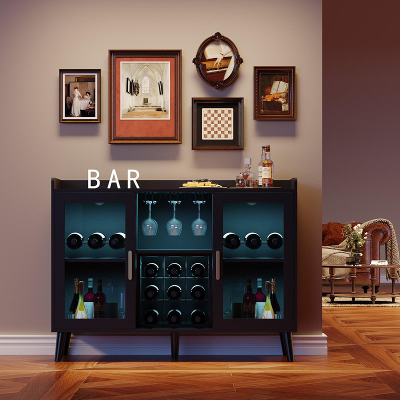 Freestanding Wine & Coffee Bar Cabinet with LED Lighting, Sideboard Buffet with Glass Holders, Wine Racks and Storage for Dining or Living Room