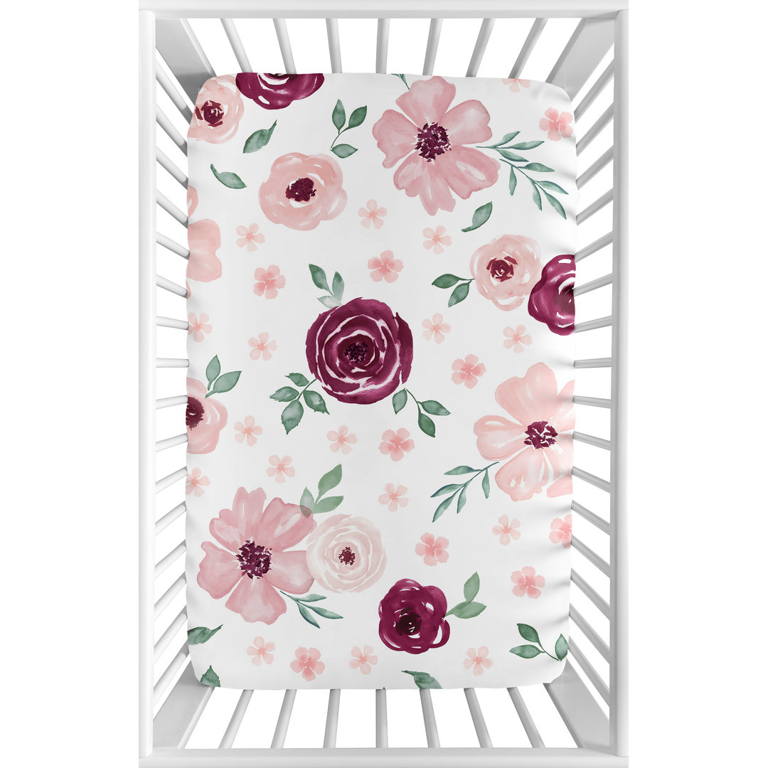 Watercolor Floral Burgundy Wine and Pink Mini Fitted Crib Sheet Sweet Jojo Designs