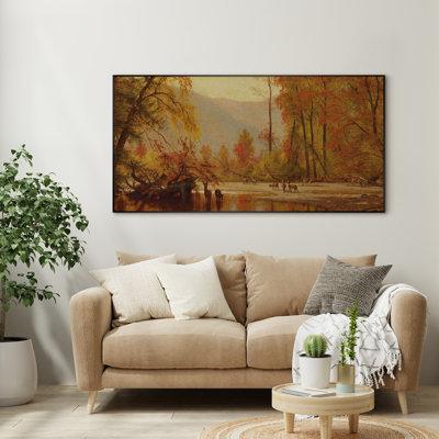 Très grand art mural imprimé sur toile - Paysage de rivière d'automne rétro avec des chevaux et des arbres pour le salon ou la chambre à coucher "Assemblage requis (cadre non fini)"