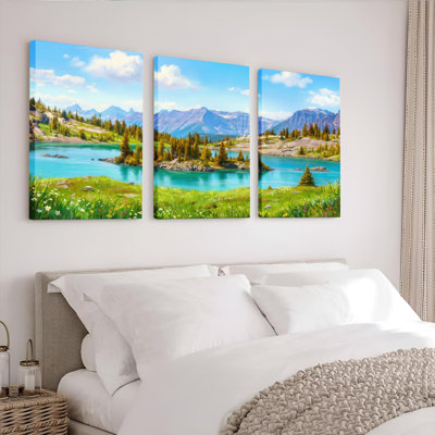 Ensemble de 3 tableaux sur toile représentant un paysage de lac de montagne, pour la décoration du salon et de la chambre à coucher.