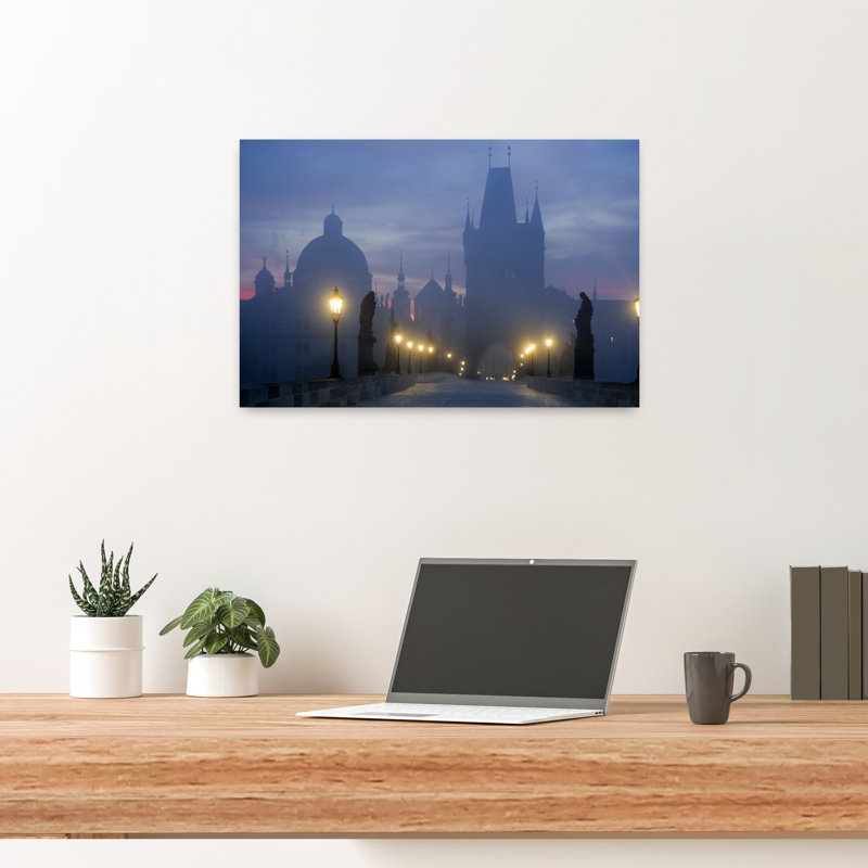 Charles Bridge Foggy Dawn Gothic Serene Abstract Architecture City Wall Art Print 1 Piece Wrapped Canvas Wall Art