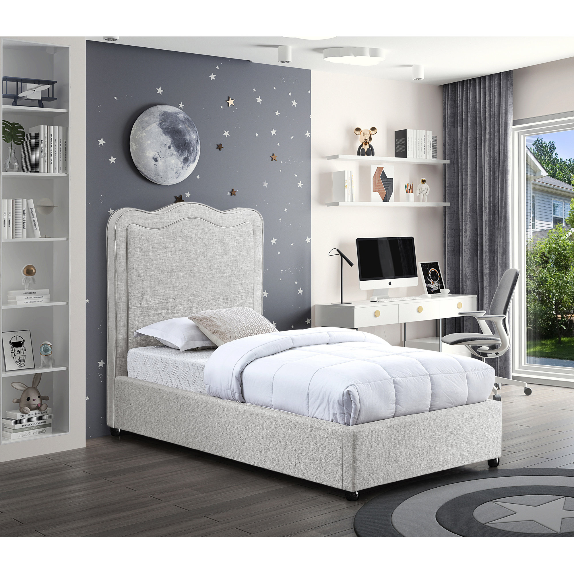 Upholstered Scalloped Bed, Twin, Cream Linen