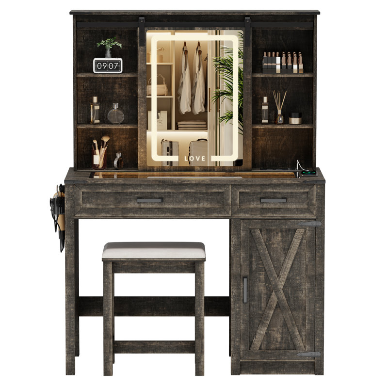 Polett Makeup Vanity With Sliding LED Mirror and Outlets, Dark Rustic Brown