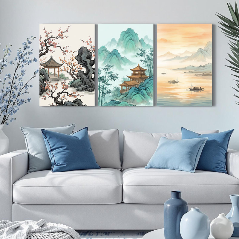 Ensemble de 3 tableaux sur toile représentant des paysages chinois, parfaits pour décorer un salon ou une chambre.