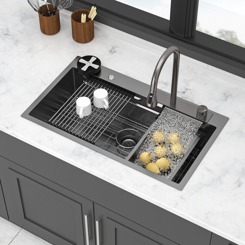 Évier de cuisine noir en acier inoxydable de calibre 16 avec station de travail en acier inoxydable de calibre 16 avec débit innovant, robinet multifonctionnel, guide d'eau en forme de X, revêtement et coussin Nano, accessoires inclus