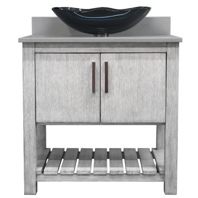 Meuble-lavabo de 30 po avec comptoir en quartz gris, lavabo en verre et quincaillerie bronze huilé