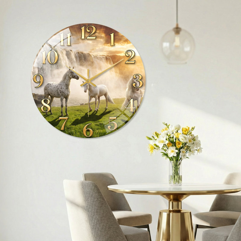 Horloge murale cheval en verre, 40 x 40 cm (15,7 x 15,7 pouces)