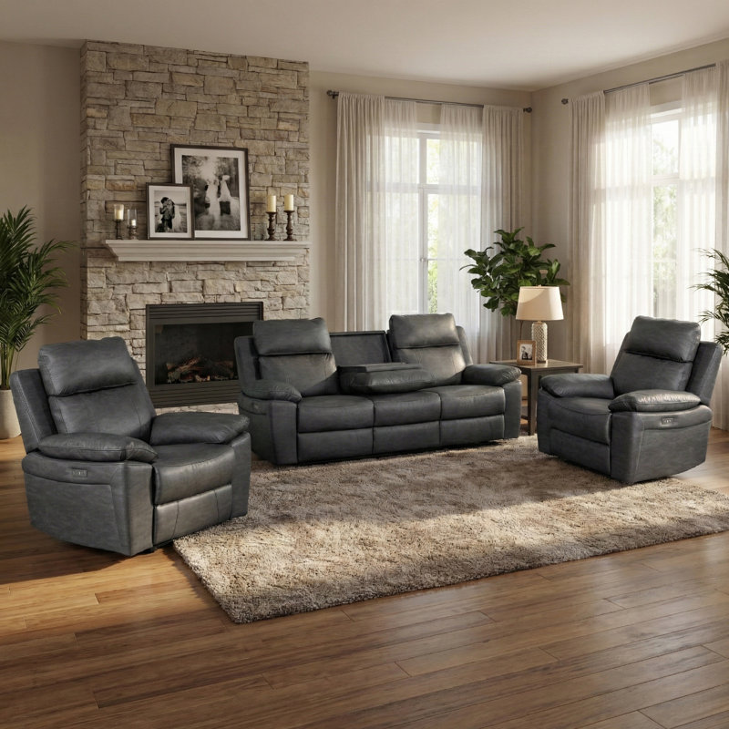 Ceazia 3 Piece Reclining Sofa Set, Dark Grey