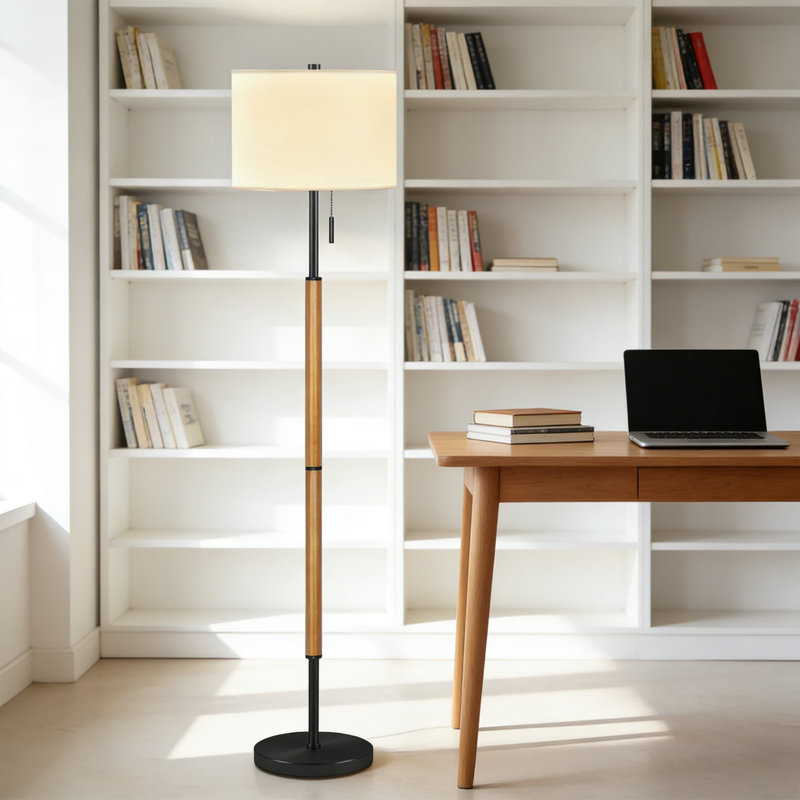 Mid Century Modern Floor Lamp With Linen Shade, 3-Way Dimmable LED Bulb Included, 62 Inch Tall Wood And Metal Design For Living Room, Bedroom, Or Office