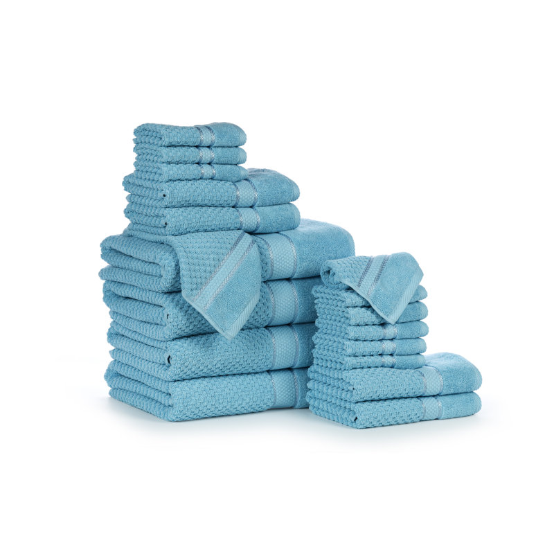 Collection de serviettes texturées 100% coton Mulaayam, Bleu ciel, Ensemble de serviettes 18 pièces