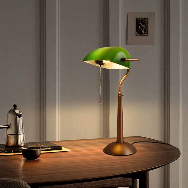 Antique Vintage Bronze  Sleek Glass Shade Bankers Table Lamp With Pull Switch For Living Room