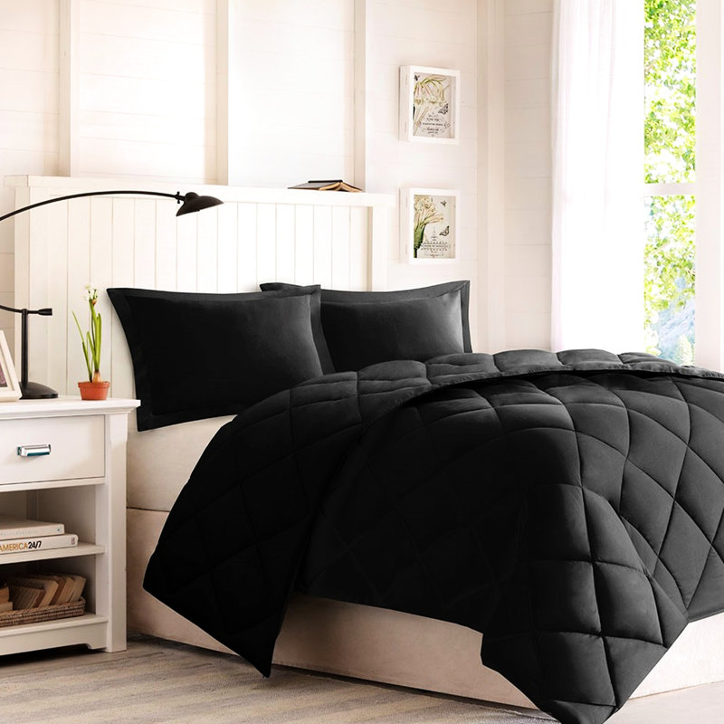Édredon pour très grand lit avec tissu 3M - noir, réversible, matelassage à losanges, duvet synthétique, 2 taies décoratives, détachant et lavable à la machine