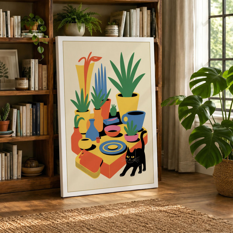 Cat Among Potted Plants Geometric - Wrapped Canvas, 24x16 - 61.0 x 40.6 cm, Teal Border