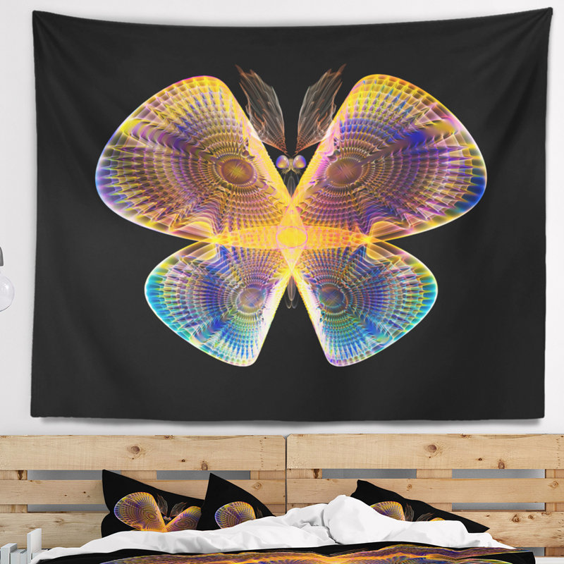 Corwin - papillon abstrait fractal jaune et bleu avec tapisserie foncée, H 32 po x l 39 po
