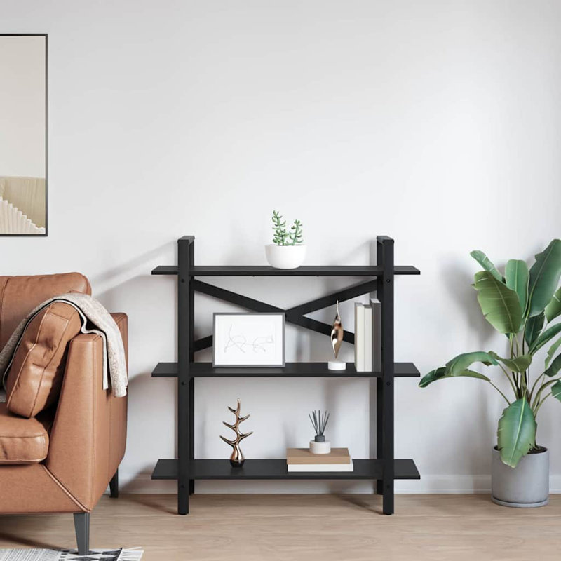 100cm W Steel Etagere Bookcase, (3 Shelves) 102cm. H x 100cm. W x 33.5cm. D, Black Oak
