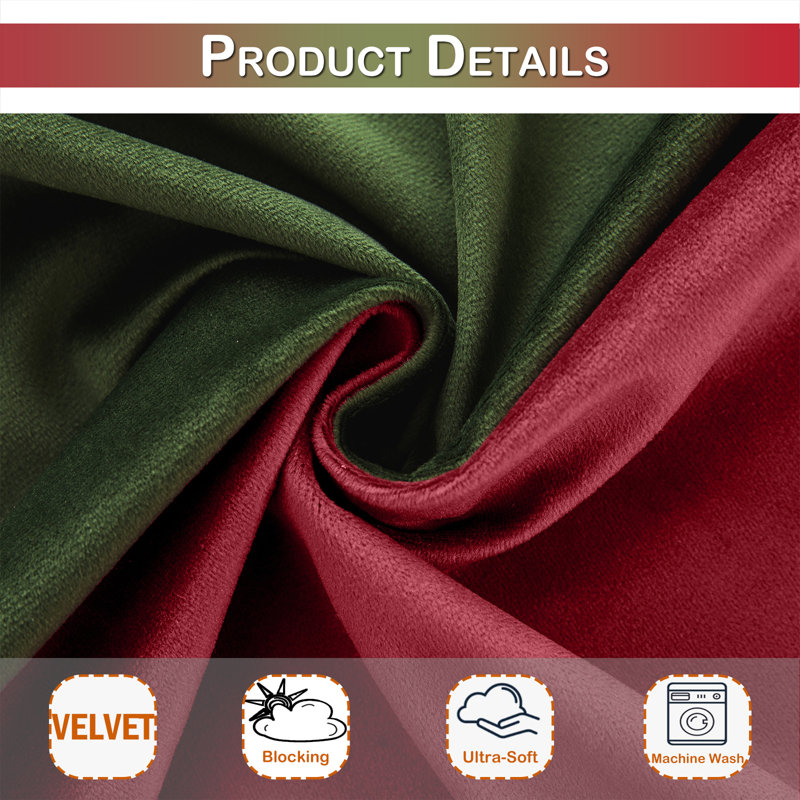 Lauier Velvet Room Darkening Curtain Pair, 52" W x 120" L, Green/Red