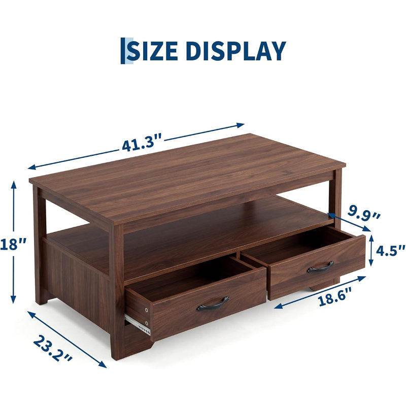 Table basse avec 4 tiroirs et tablette ouverte, Noyer