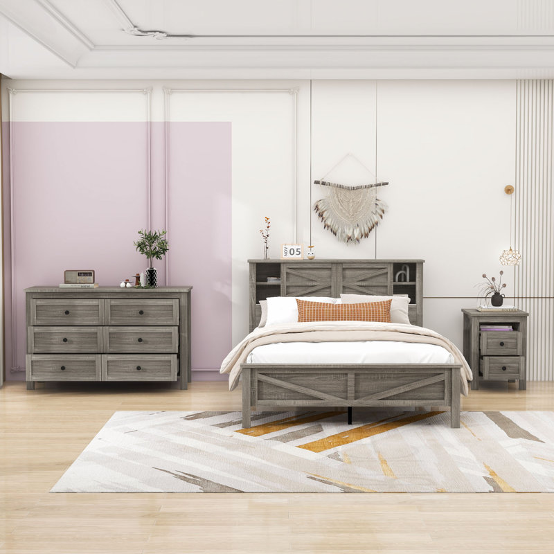 Ensemble de chambre à coucher 3 pièces Andrenae, Complète, Gris antique