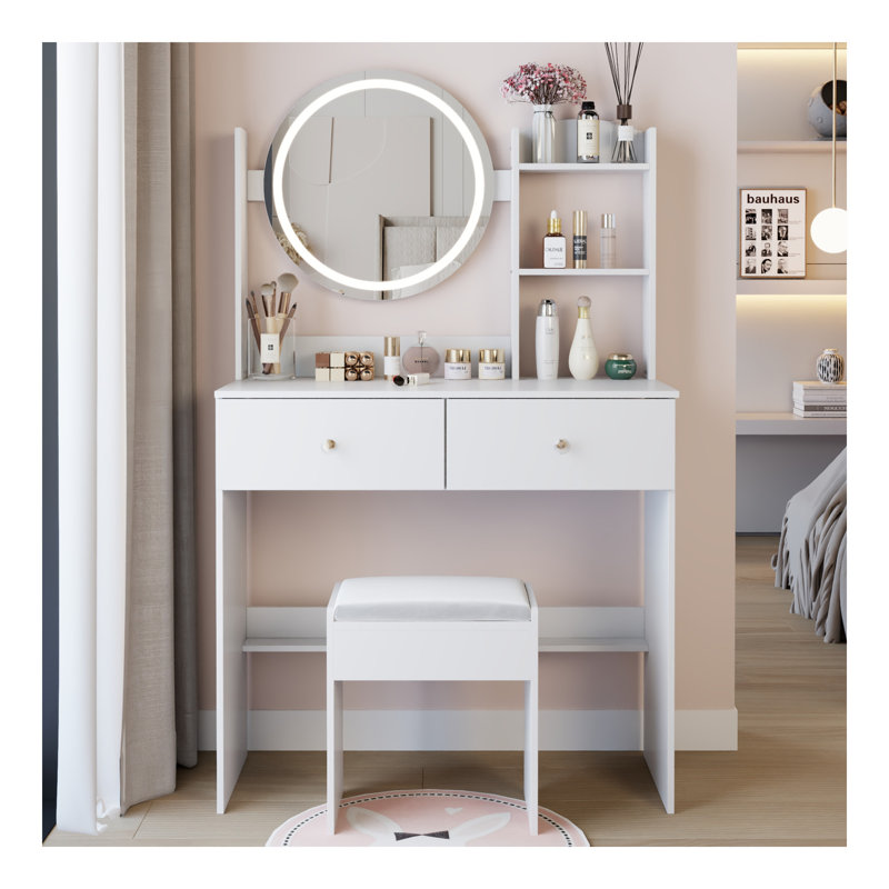 17" Round LED Mirror Vanity Table + Soft Cushion Stool Suit, Large Mirror, Touch Switch, 3 Colors, Adjustable Brightness, Large Desktop, Multi-Layer High Capacity Storage, Suitable For Small Space