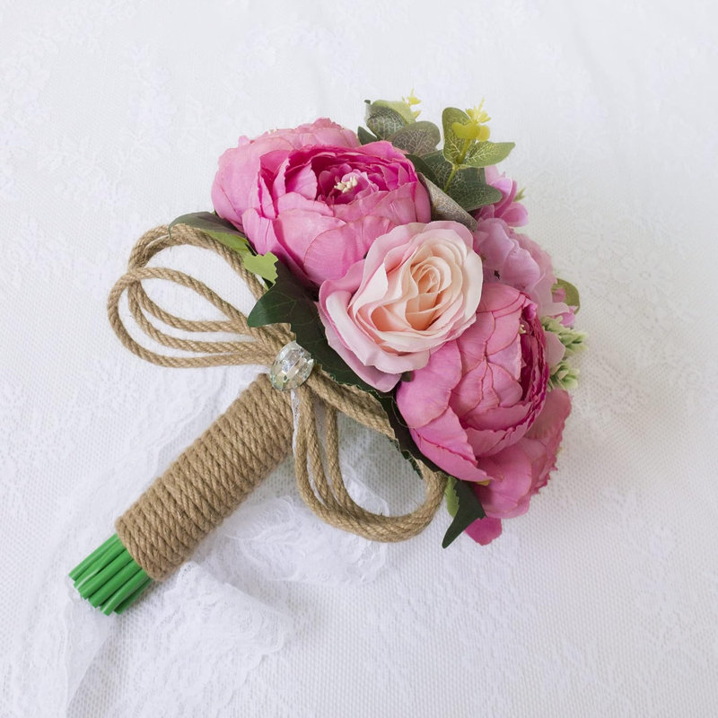 10" Artificial Pink Roses Wedding Bouquet 