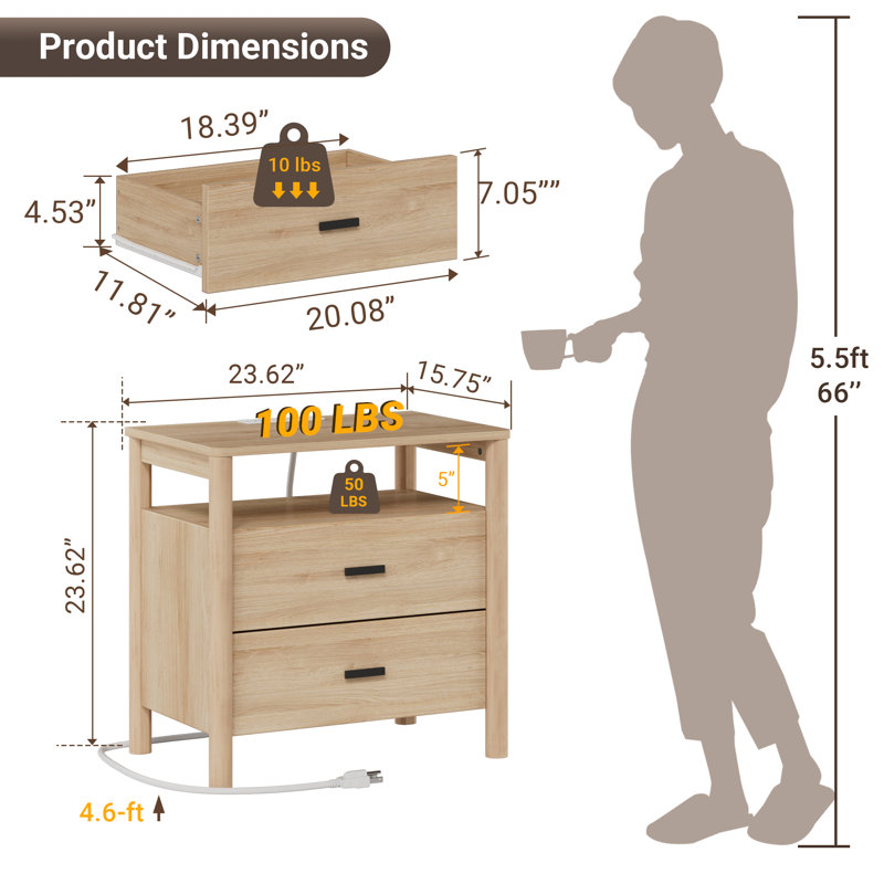  24" Large Nightstand with Charging Station, Solid Round Post Legs, 2 Drawers End Table with Open Shelf, Individual, Oak