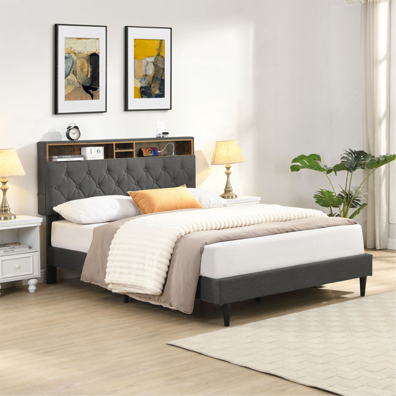 Structure de lit plateforme tapissier avec tête de lit moderne en tissu capitonné, ports USB, station de charge pratique, deux poches latérales, pas besoin de sommier