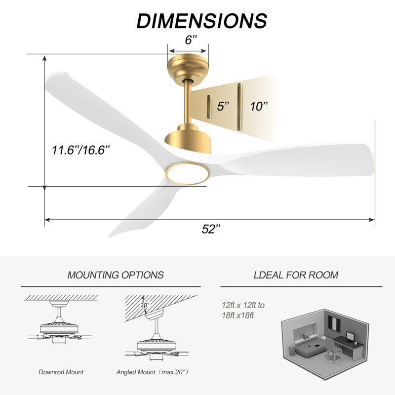 52 Inch Ceiling Fan with Lights and Remote Control, Gold, White