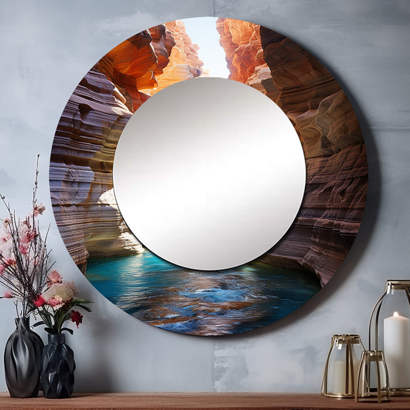Sesalie Canyon Antelope Turquoise Drips - Canyon Unique Wall Mirror Decor, Brown Large Round Mirror, Printed Metal Art