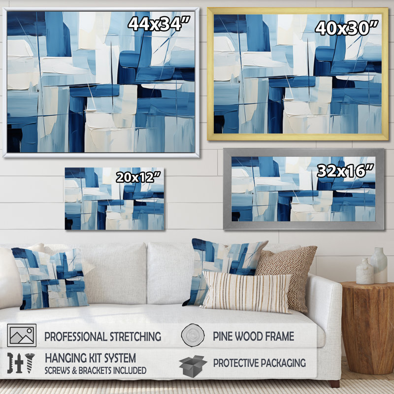Nautique, formes géométriques blanches et bleues II - art mural géométrique, Cadre flottant noir, H 16 po x l 32 po x P 1 po