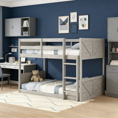Twin Over Twin Solid Wood Floor Bunk Beds With Panelled Headboard And Footboard