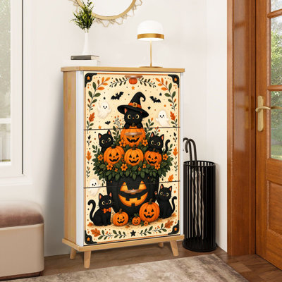 Minimalist Halloween Black Cats o lanterns Ghosts Cats o Shoe Storage Cabinet with 3 Flip Drawers Freestanding Shoe Rack Organizer Space Saving Footwear Storage Furniture for Entryway Hallway Bedroom Small Apartment Home Use