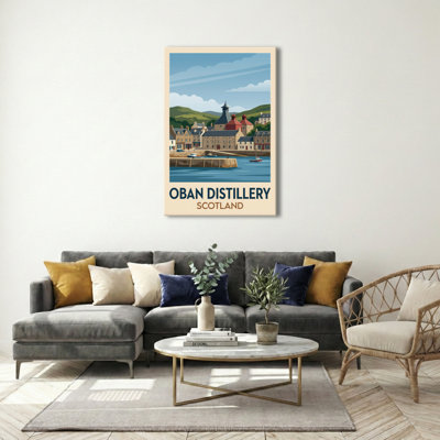 Oban Distillery, Scotland - Harbour Light and Highland Whisky Travel Poster. Giclee Print on Wrapped Canvas. Wall Art, Home Decor - Iconic Buildings & Architecture, Scotland 1 Piece Wrapped Canvas Wall Art