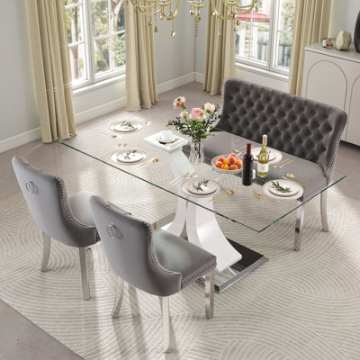 Modern Glass Dining Table Set for 4/6, Rectangular Kitchen Table with Velvet Chairs, Contemporary Dining Room Furniture Set with Tufted Chair and Benc