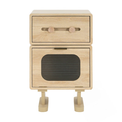Table d'appoint rotative en bois aggloméré en forme de robot avec rangement spacieux et porte en verre trempé