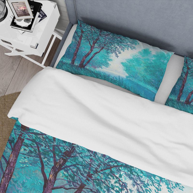 Blue Coloured Tree Impression III - Ensemble de housse de couette Lake House - Microfibre de polyester