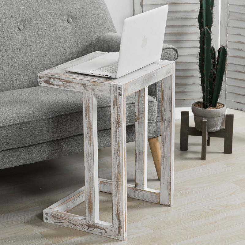 Table de bout en forme de C, table d'appoint en bois blanchi avec plateau pour ordinateur portable sous le canapé